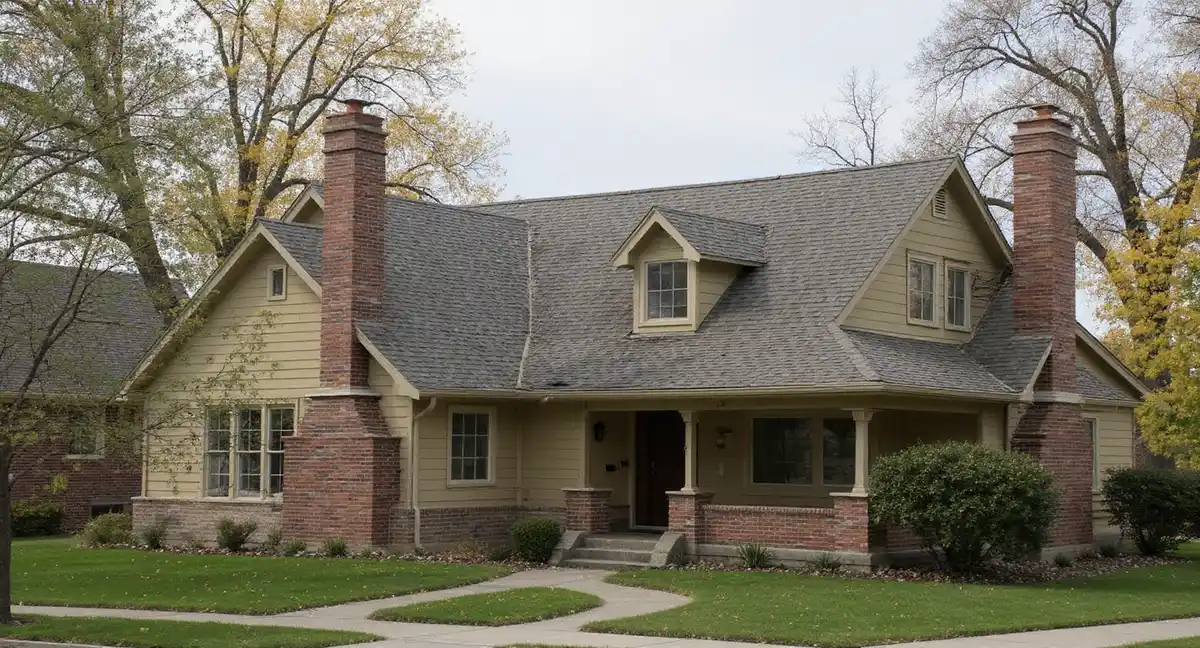 Weathered roof on craftsman home near Baker University in Baldwin City, Kansas