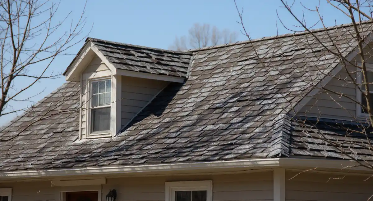 Weathered roof on older two-story home in Lecompton, Kansas