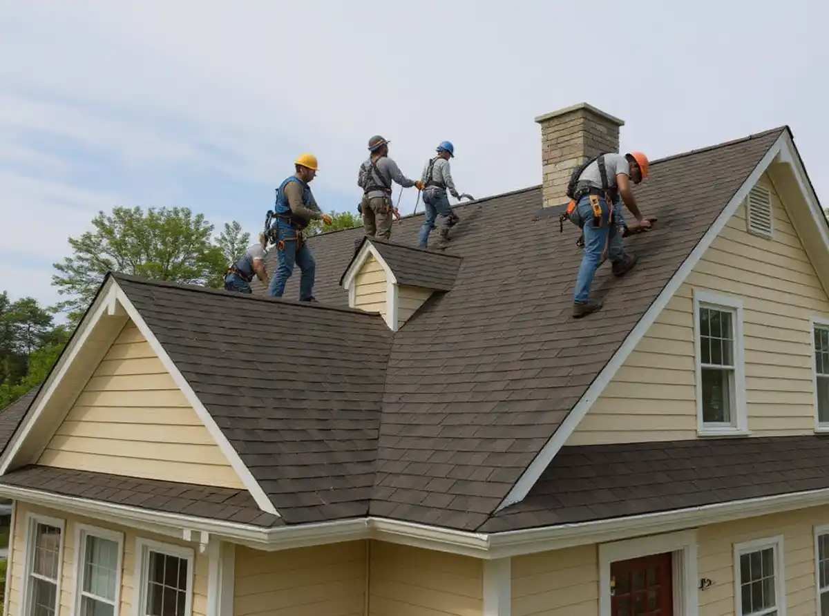 Roofing crew on steep-pitch roof in Lecompton, Kansas