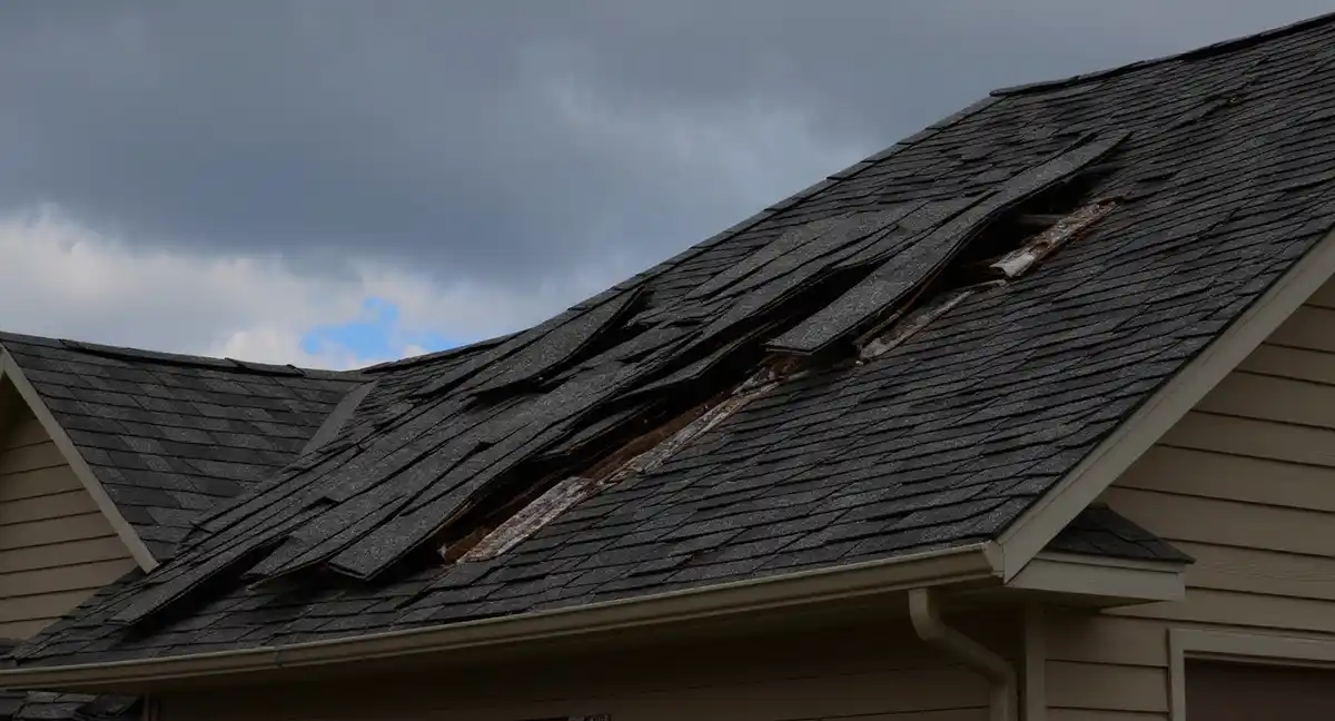 Wind-lifted shingles on residential roof in Lecompton, Kansas