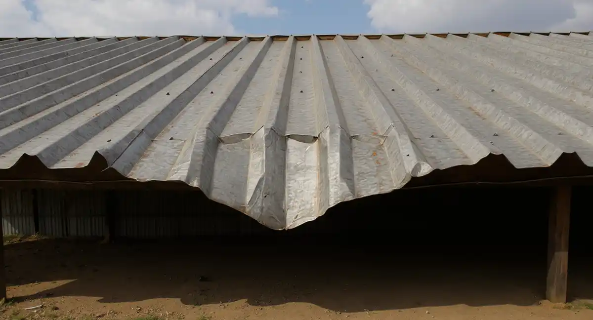 Weathered metal roof on agricultural building in Midland, Kansas