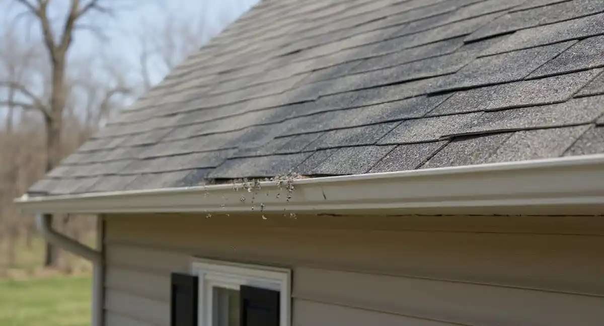 Neglected shingle roof with debris on Kansas farmhouse in Sibleyville