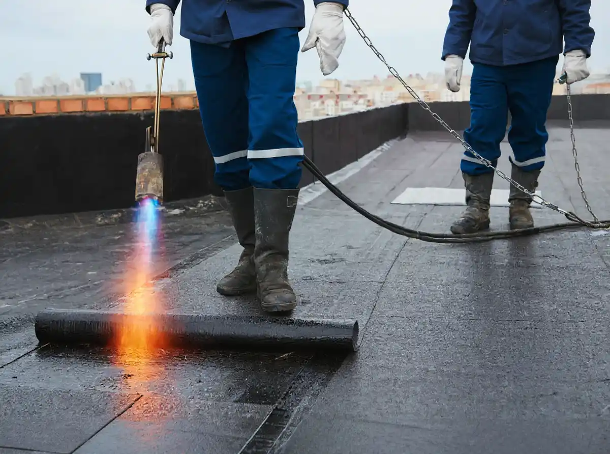 Modified bitumen torch-down roofing application on commercial roof