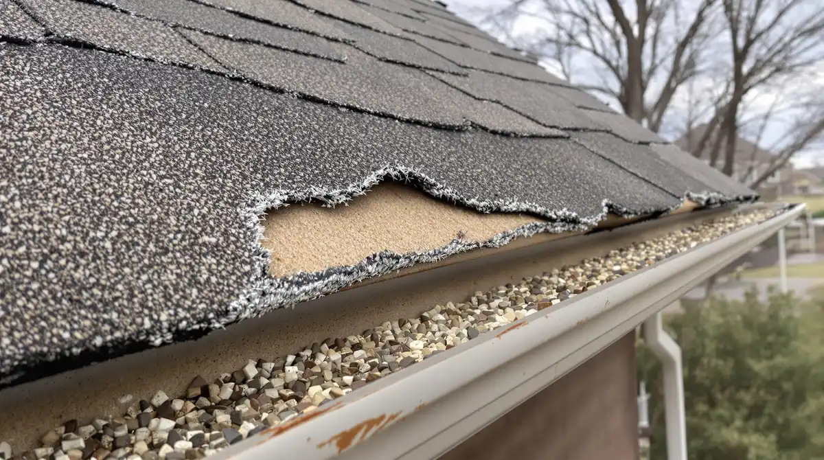 Damaged curling asphalt shingles with granule loss on a Lawrence Kansas roof